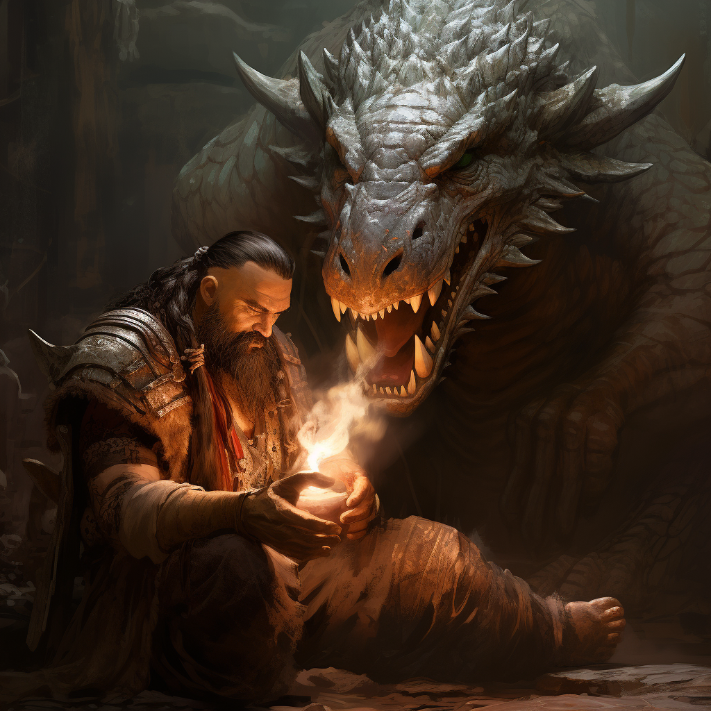 4. Dwarf Shaman Soothing Dragon, Touching its Nose