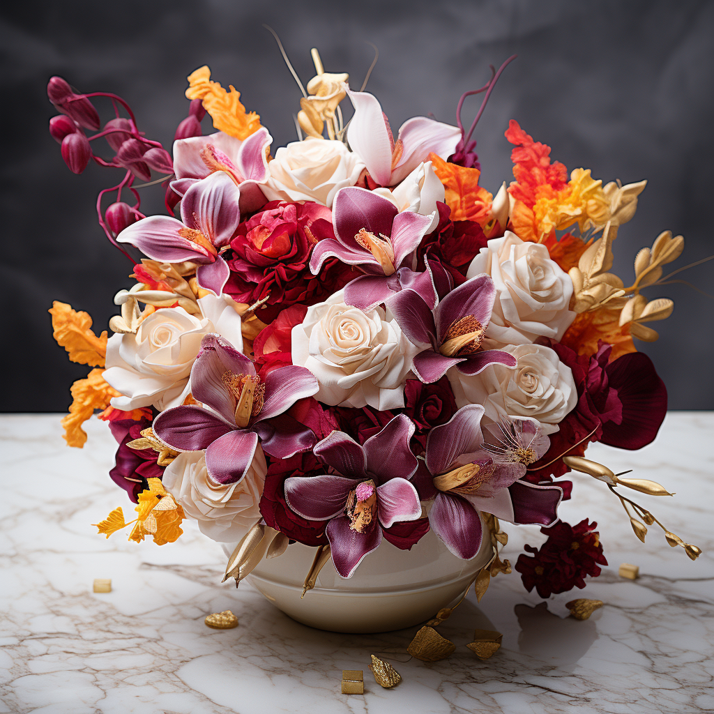 4. Exquisite floral arrangement on marble base