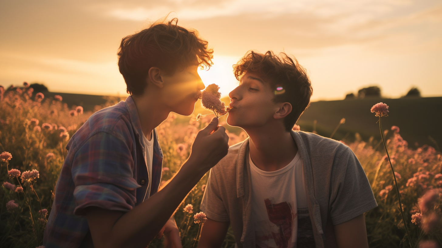 Gay couple enjoying a lolipop at sunset