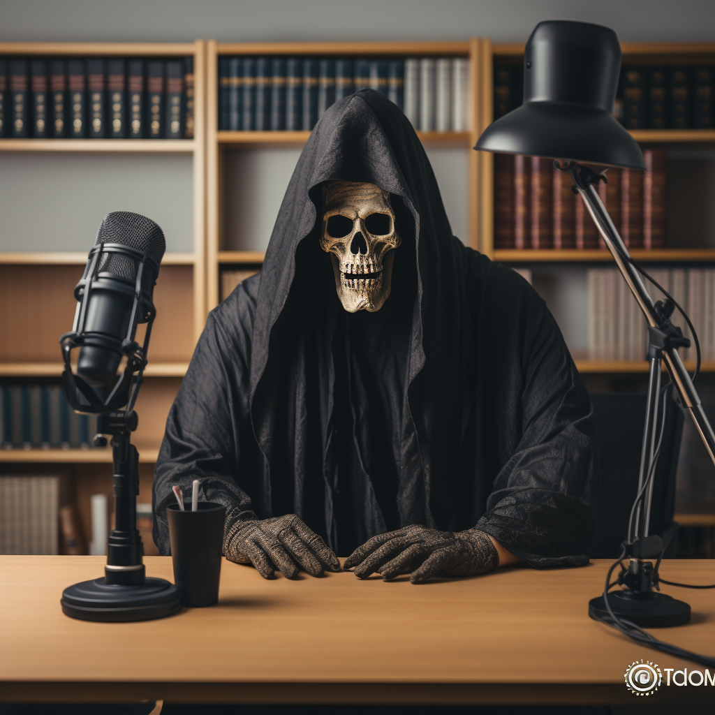 4. Grim Reaper hosting podcast in blue-lit book-filled room