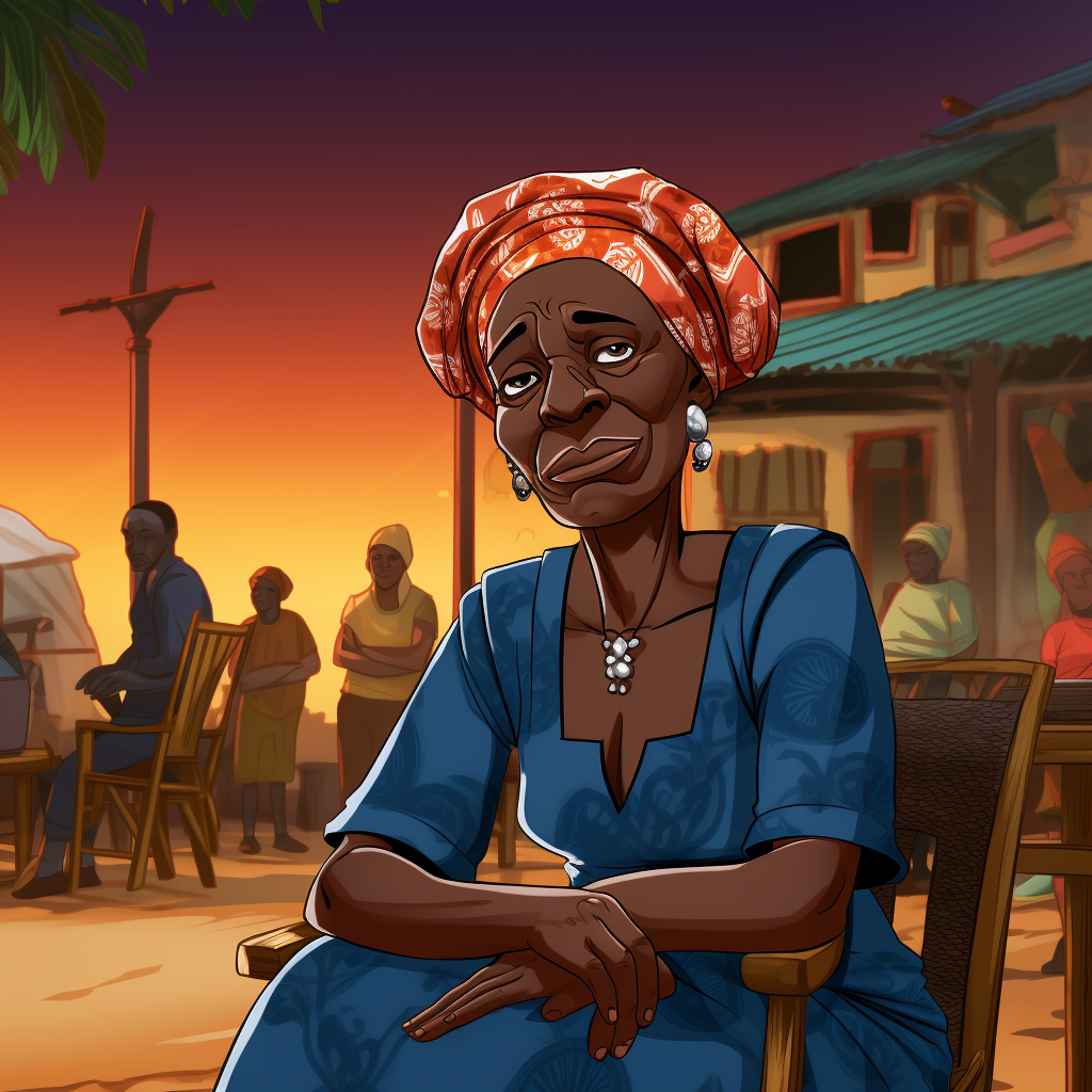 4. Cartoon style image of a Guinean grandmother seated at a party