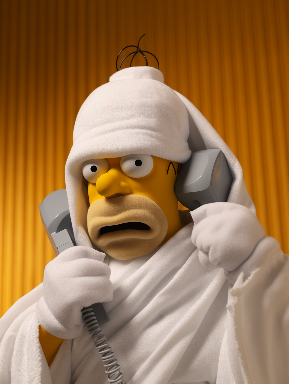 4. Homer Simpson using cellphone with white towel on his head