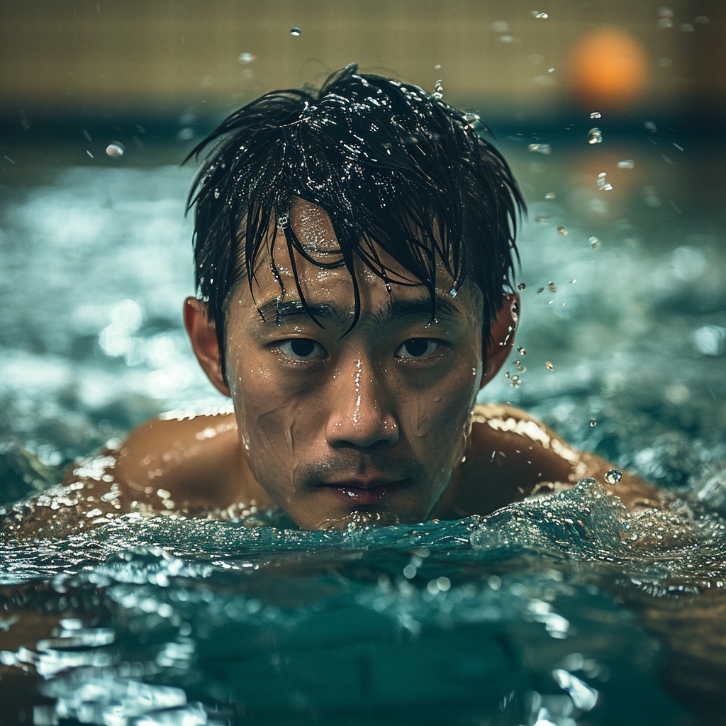 4. Japanese baseball player doing swimming training in pool core strengthening