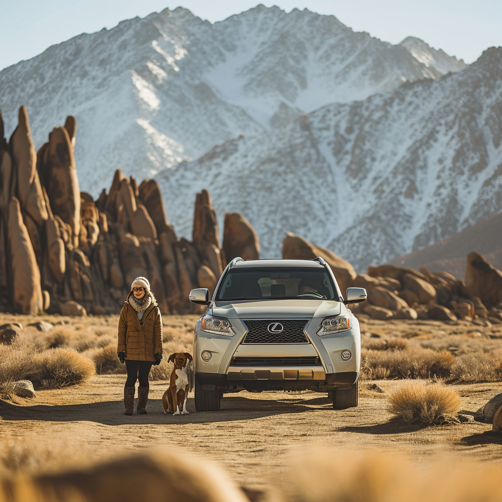 4. Warmly dressed woman and her dog stand next to a parked Lexus GX in Alabama Hills, California.