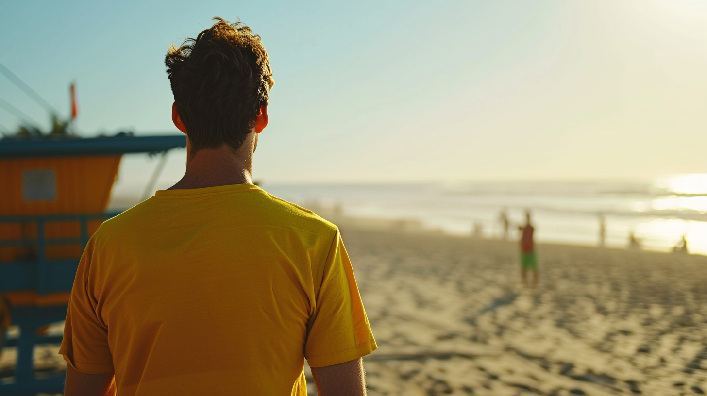 4. Lifeguard in yellow t-shirt at the beach