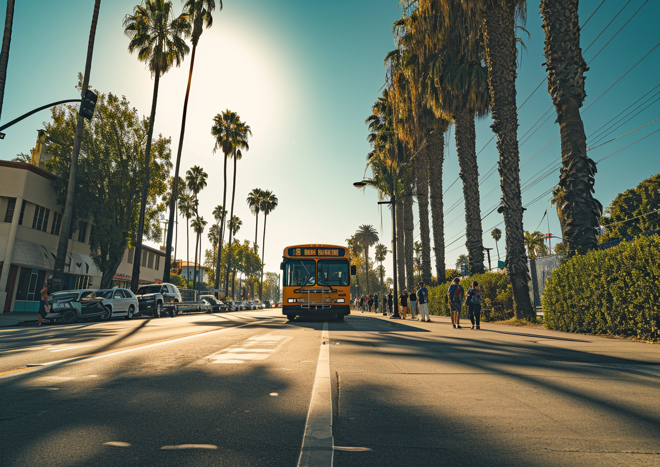 4. Image of a bus in Los Angeles with people and palm trees