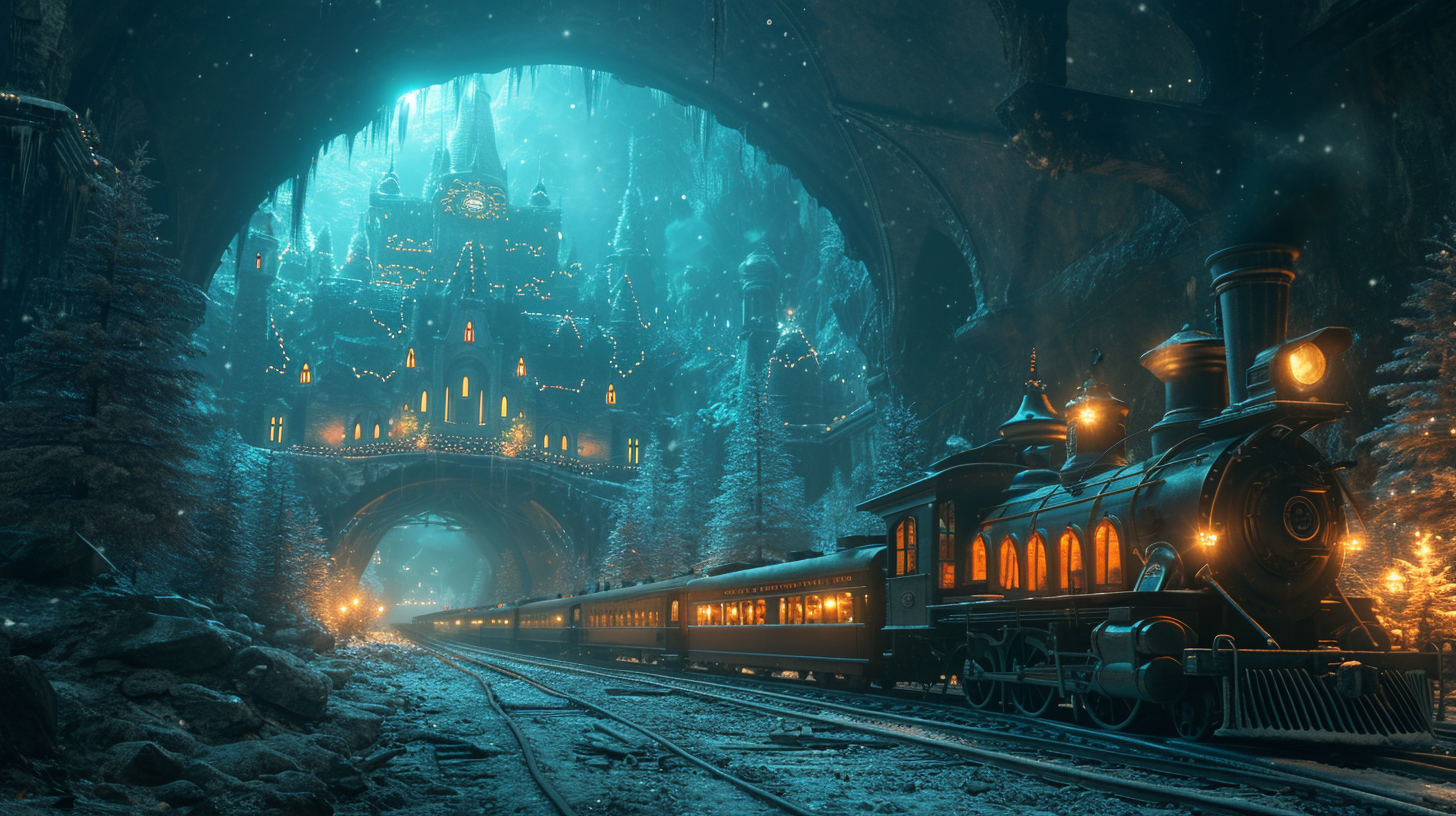 4. Image of a Christmas train in a glowing cavern