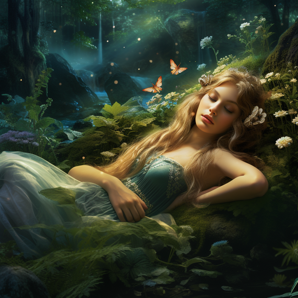 Peaceful scene of sleeping maiden in the glade