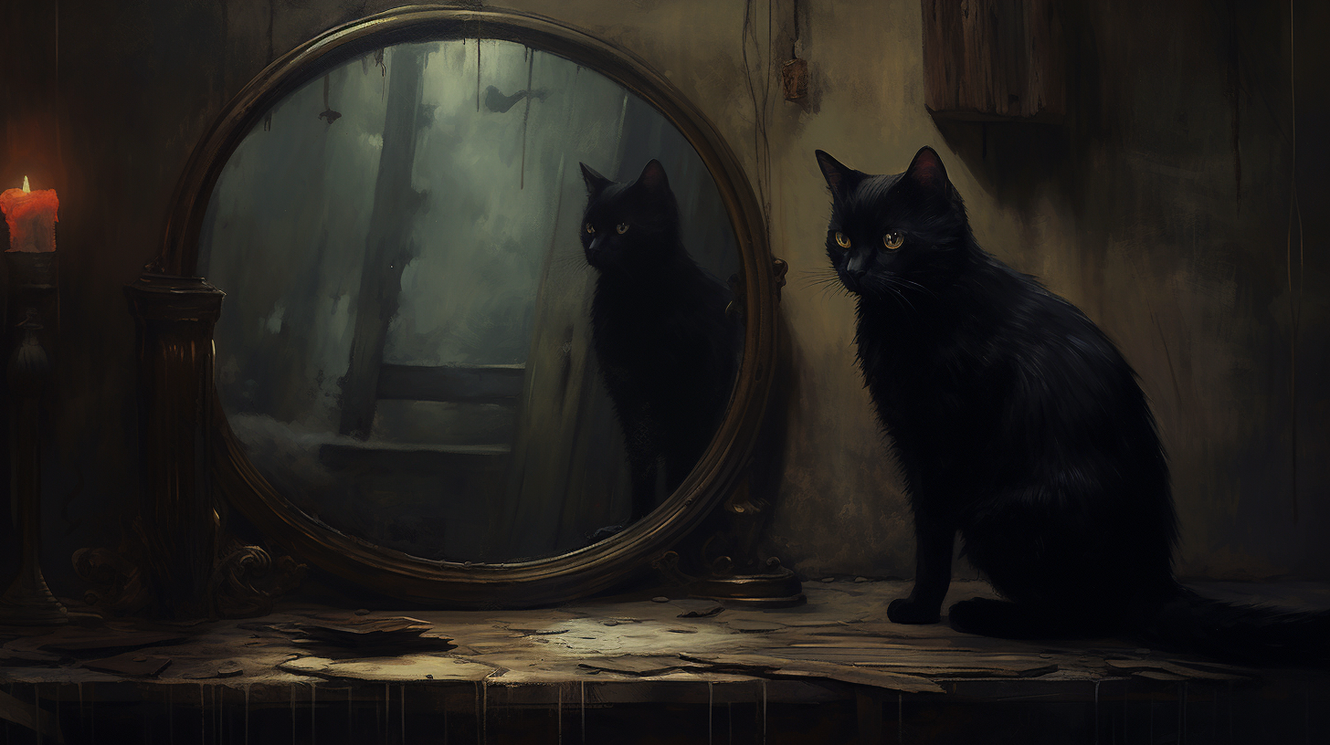 Black cat looking in mirror at its reflection