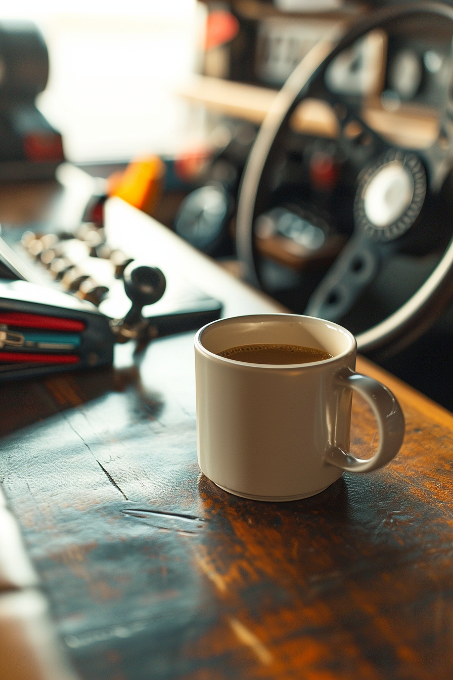 Blank white coffee mug in racecar