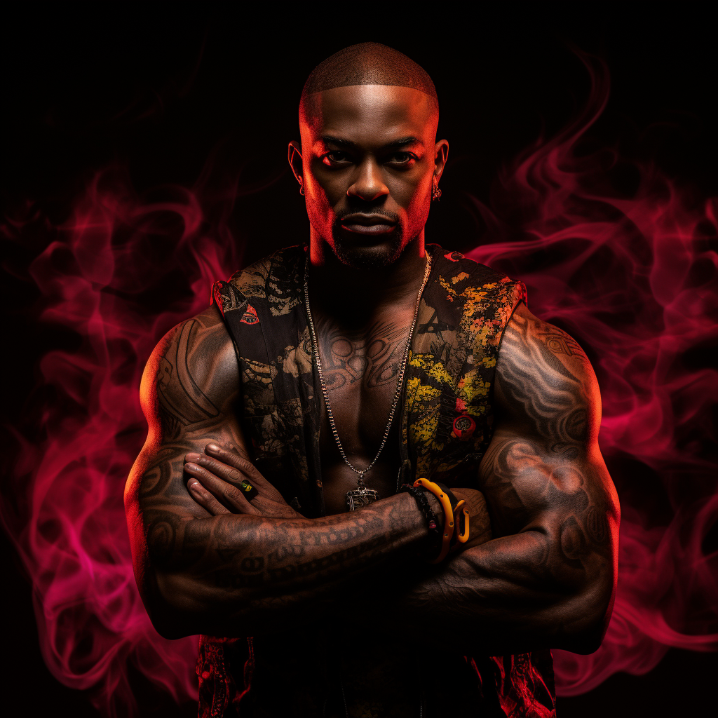 Muscular black man with tattoos in dynamic pose