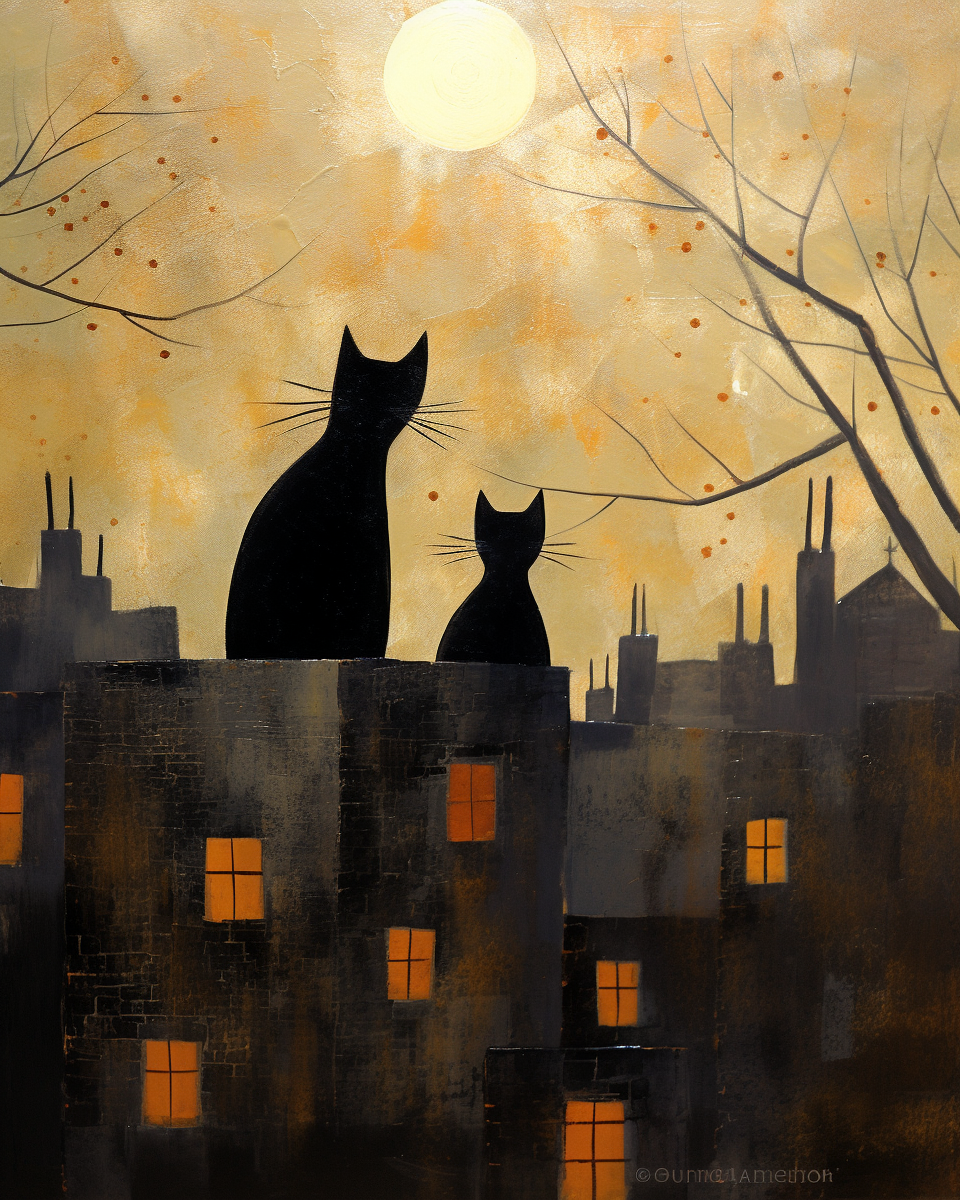 4.  Cats on City Roofs  - Charming Illustration of Feline Enjoyment