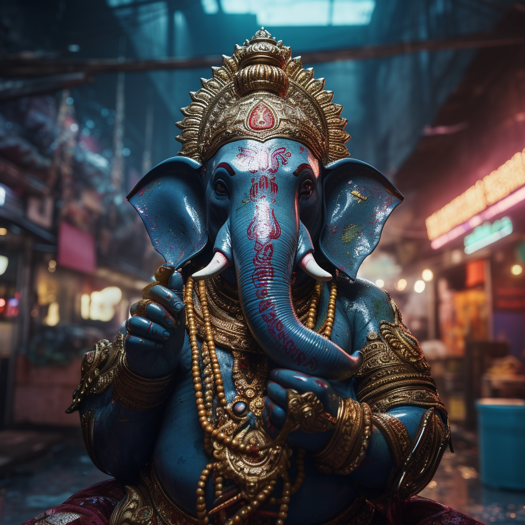 4.  Close-up portrait of Ganesha at night