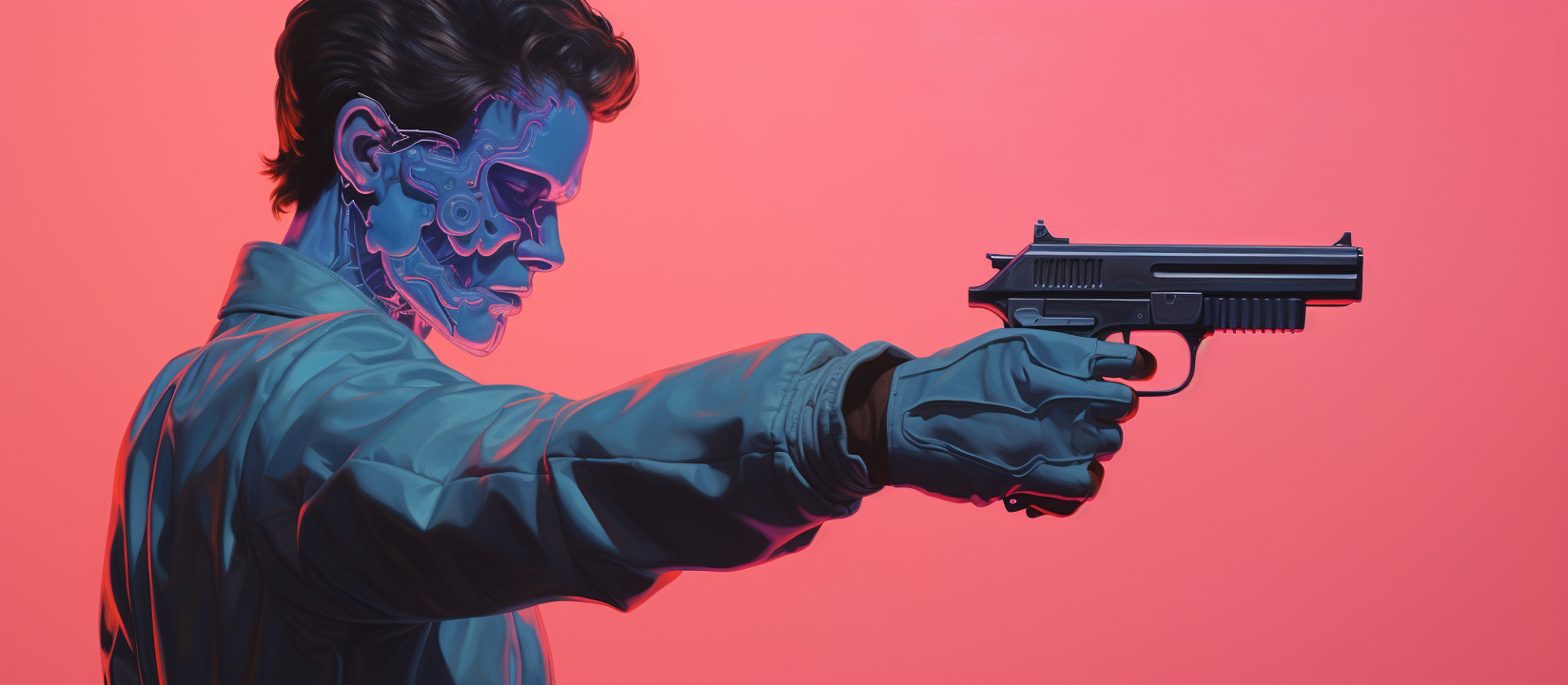 4. Colorful cyborg agent holding laser pistol at sunset