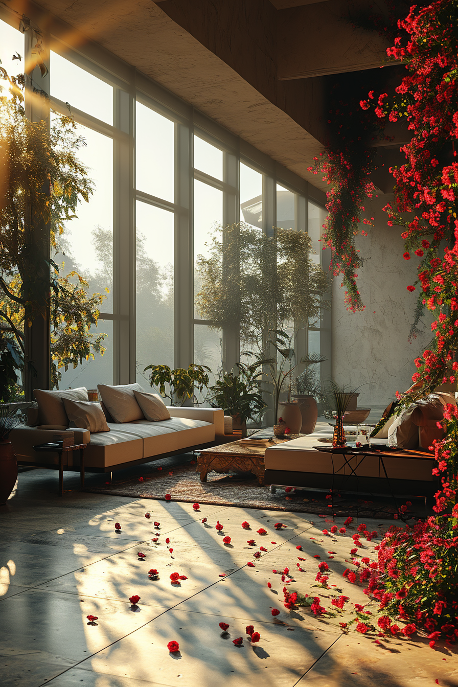 4. Image of peaceful house with rose petals falling