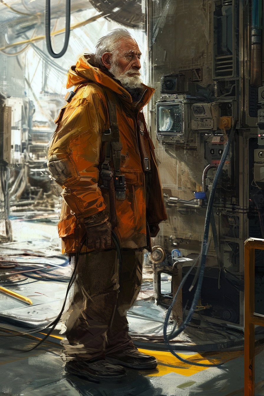 Old man in mechanic's suit in futuristic interior