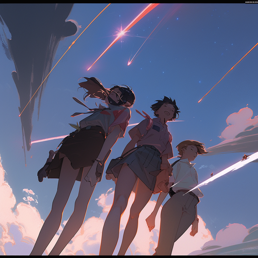 4. Anime couple holding hands under falling comets