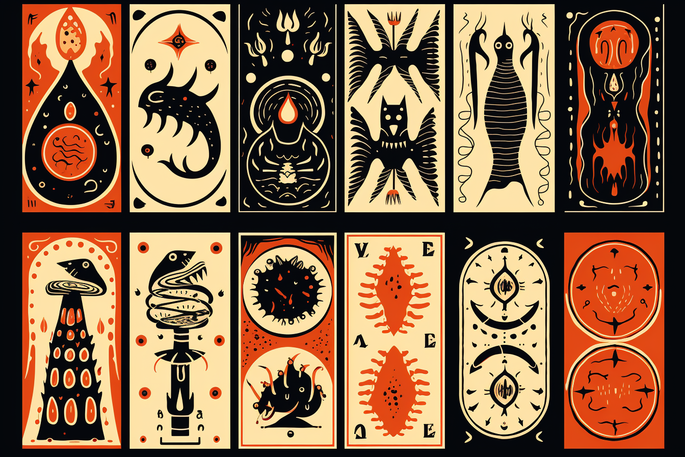 Image of tarot line art with hidden monsters