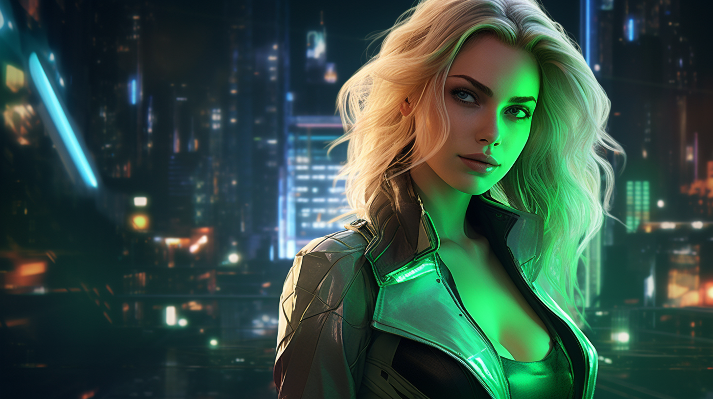 4. Beautiful woman with cascading blonde hair in futuristic metropolis