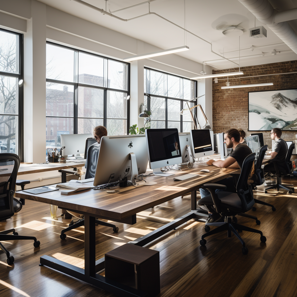 4. Industrial office desk with two people working