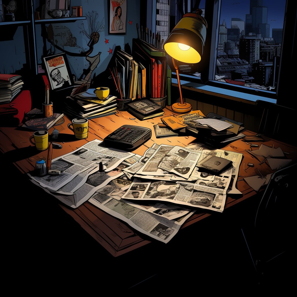 4. An image of a desk with books and a comic style design.