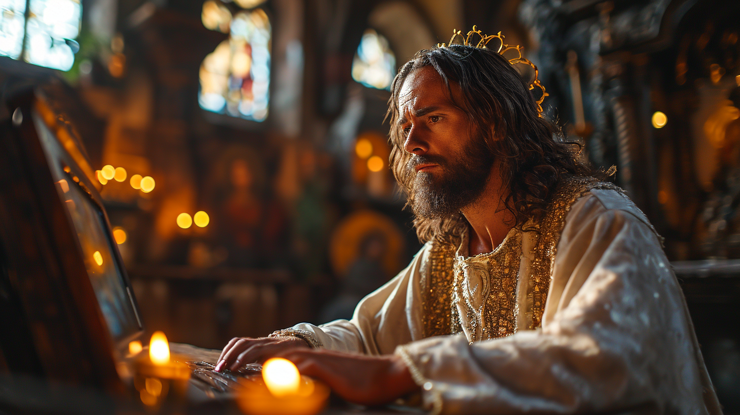 Jesus with a halo, facing computer