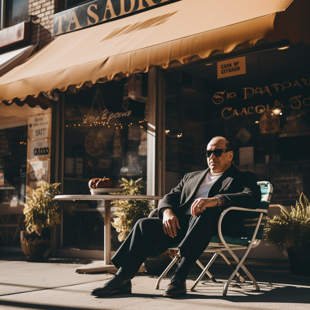 Tony Soprano sitting at Satriale store with sunglasses and cappuccino