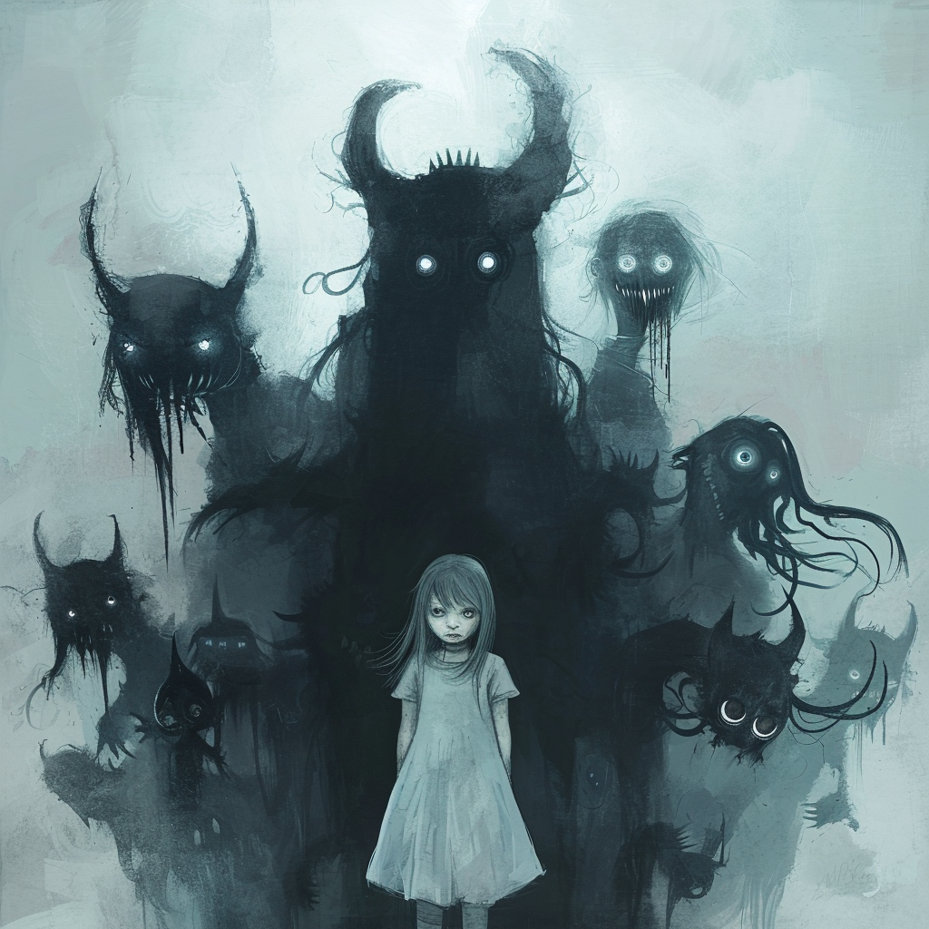 Scared girl surrounded by shadow monsters