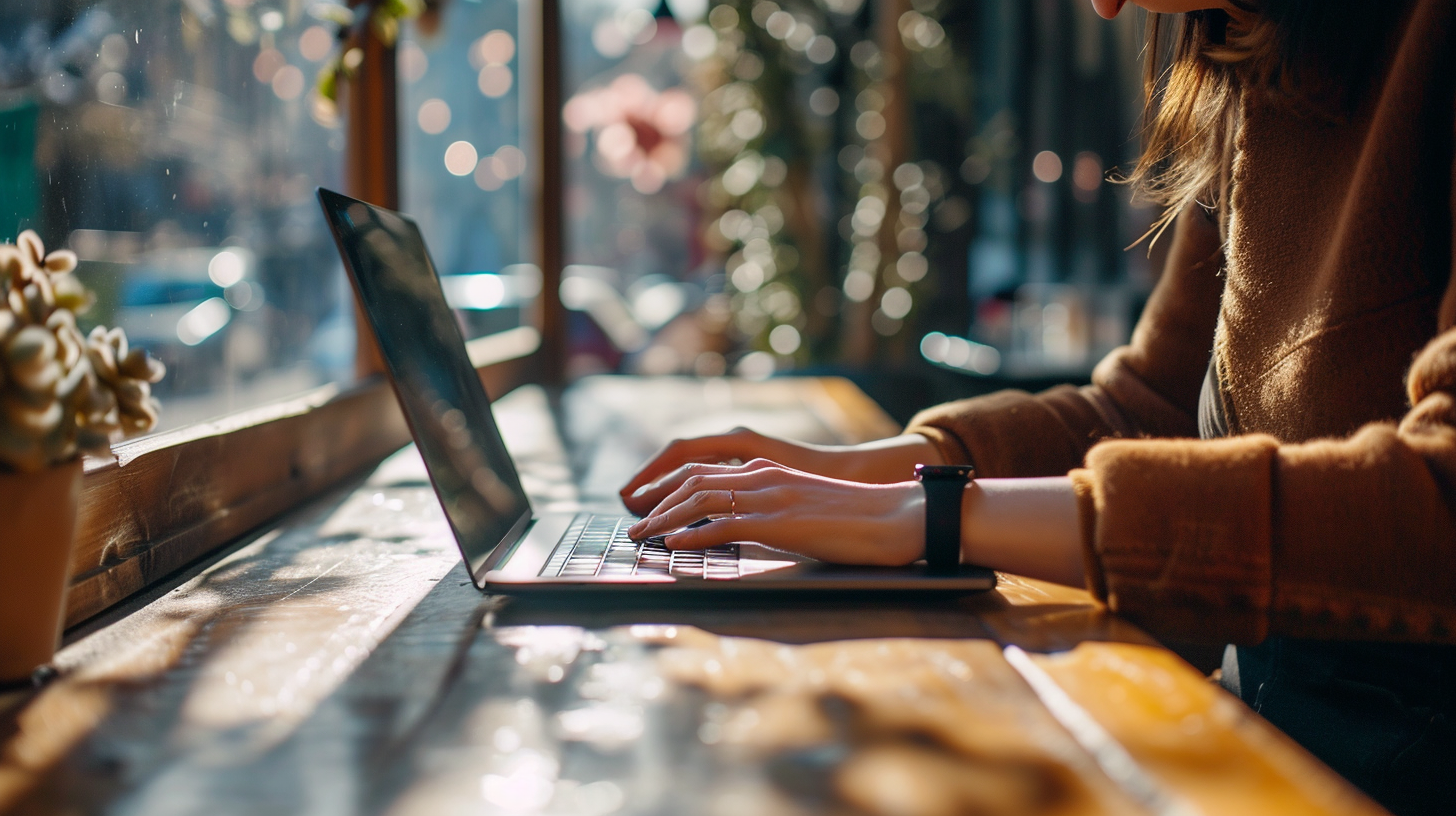 4. Woman typing in coffee shop