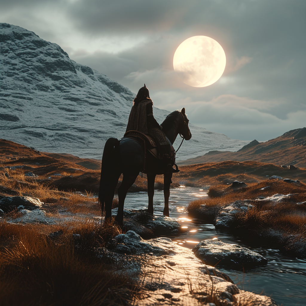 Celtic goddess Rhiannon on horseback in the Scottish mountains