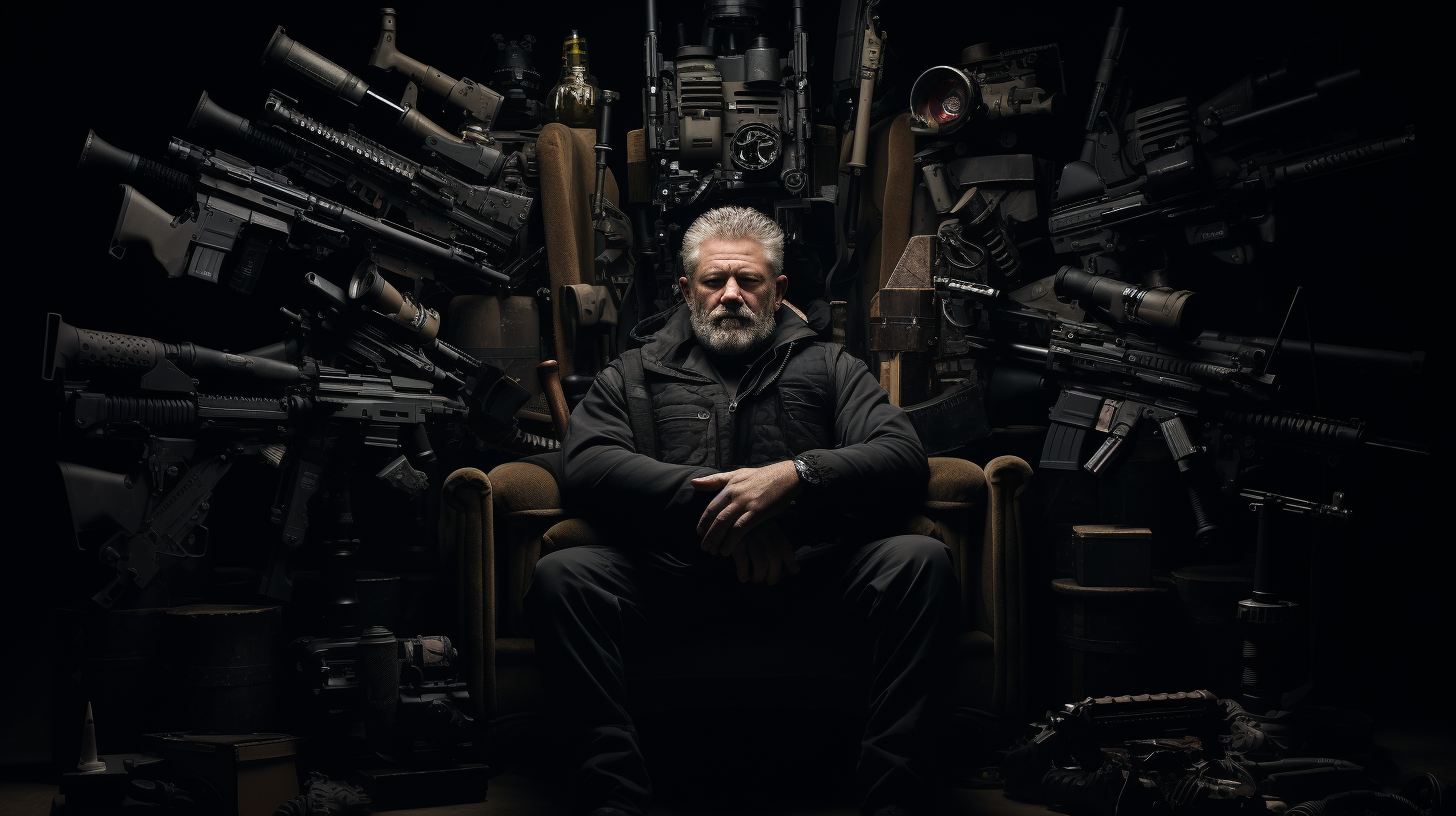 4. 55 year old man sitting in a throne made of guns