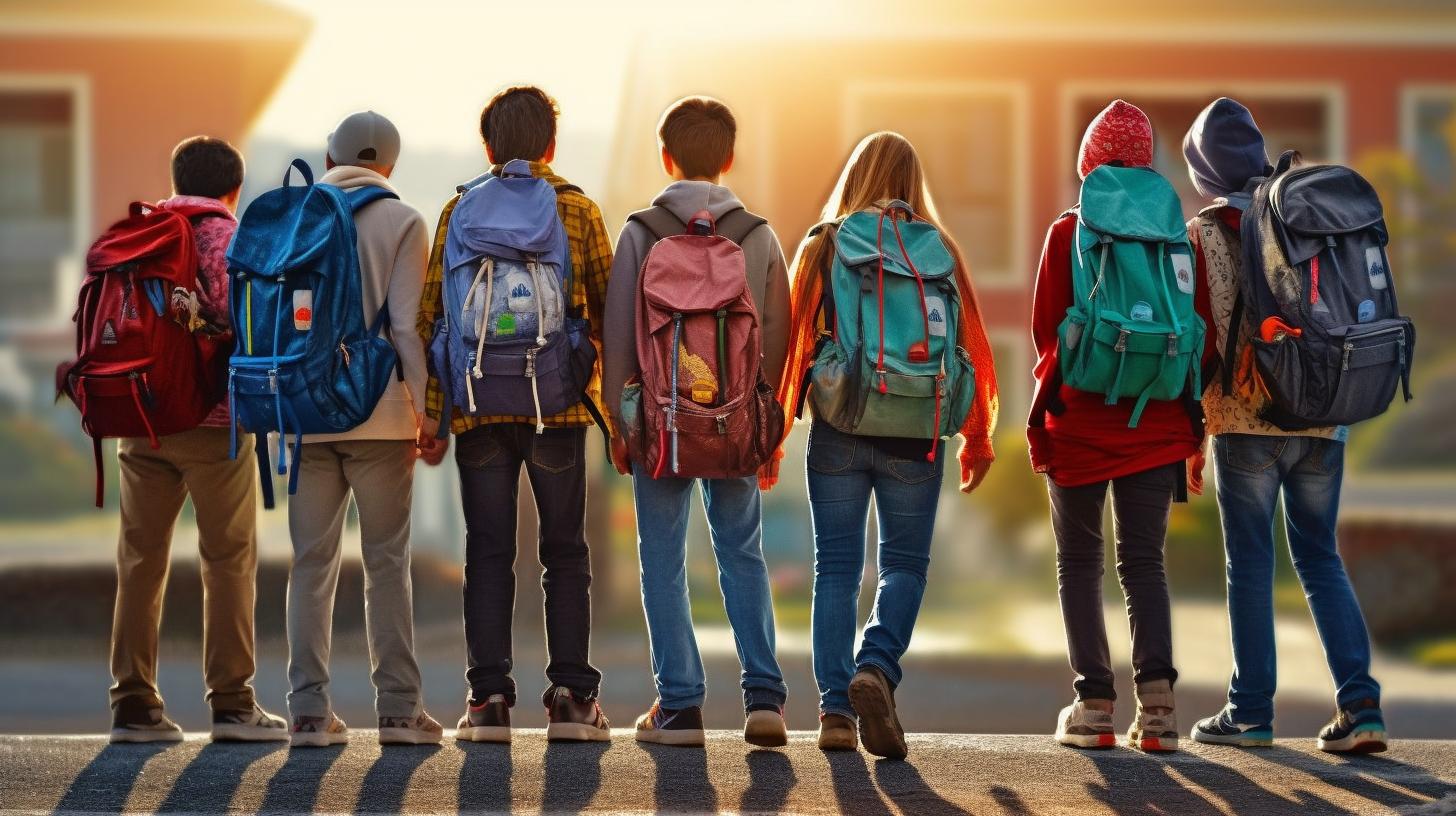 4. Backview of middle school students with backpacks playing in the playground