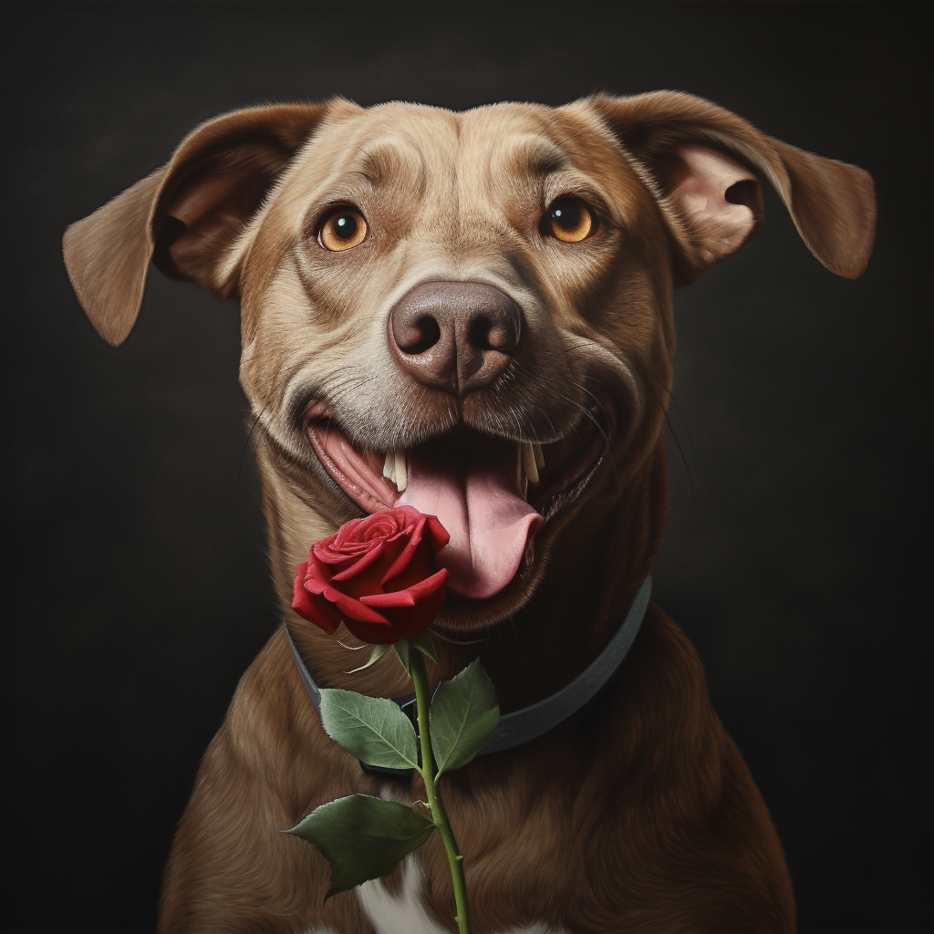 Realistic dog with rose in mouth