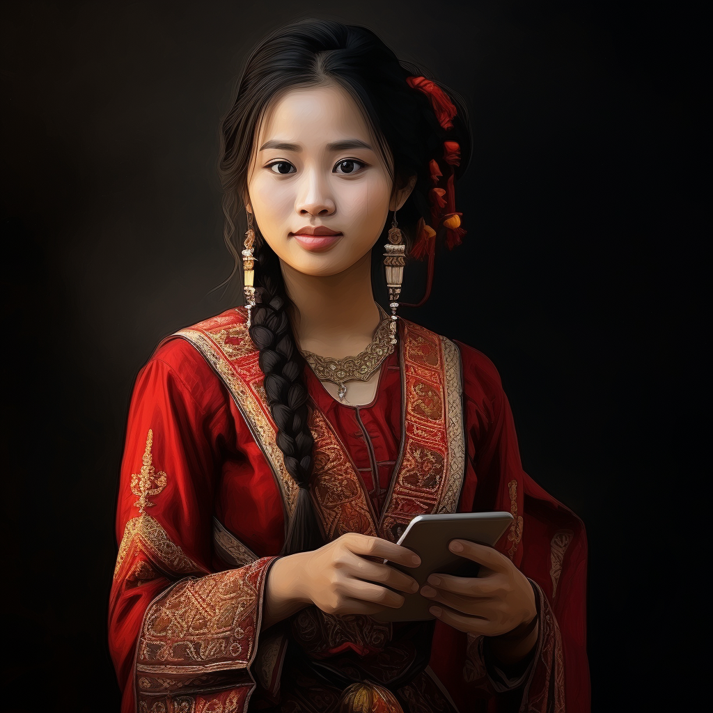 Burmese Karen lady using a cellphone