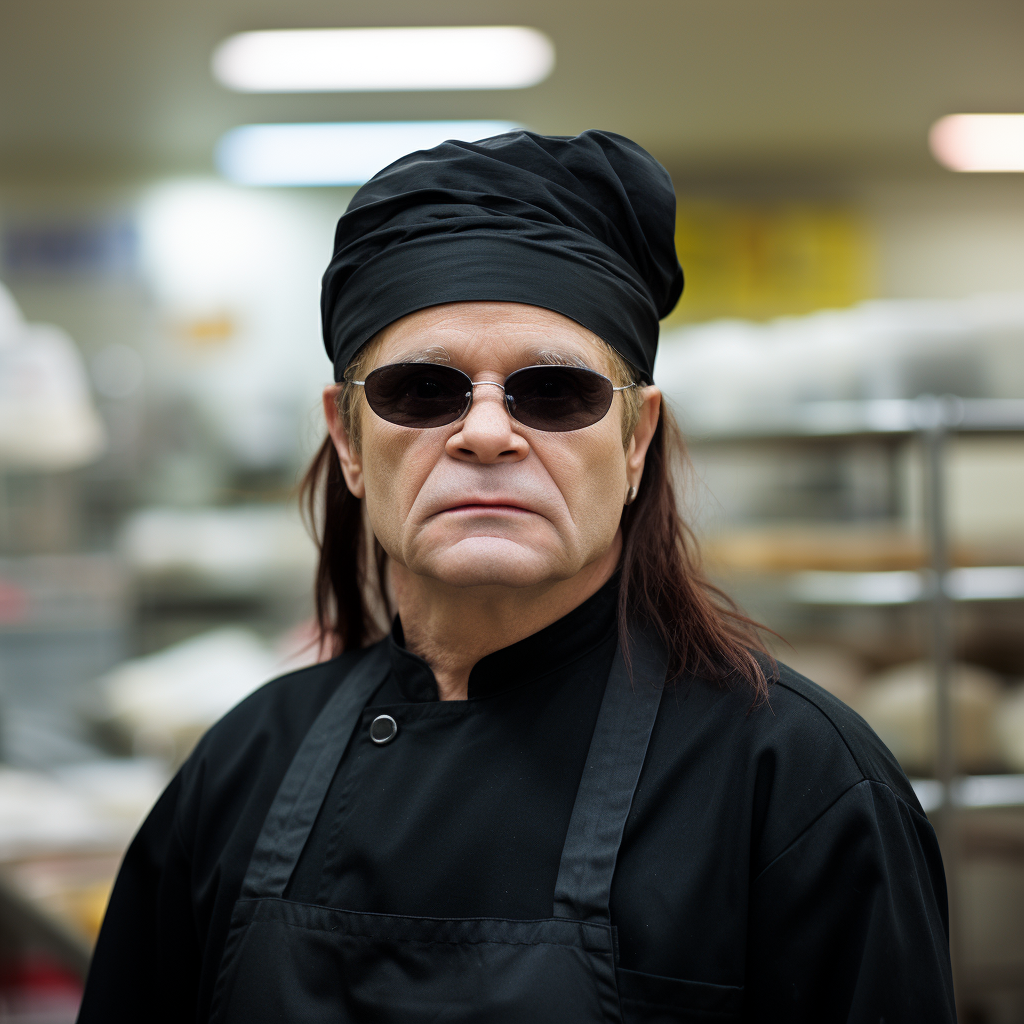 Ozzy Osbourne wearing hairnet in kitchen