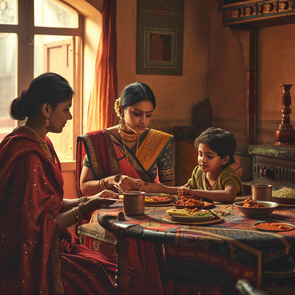 Indian family eating dinner together