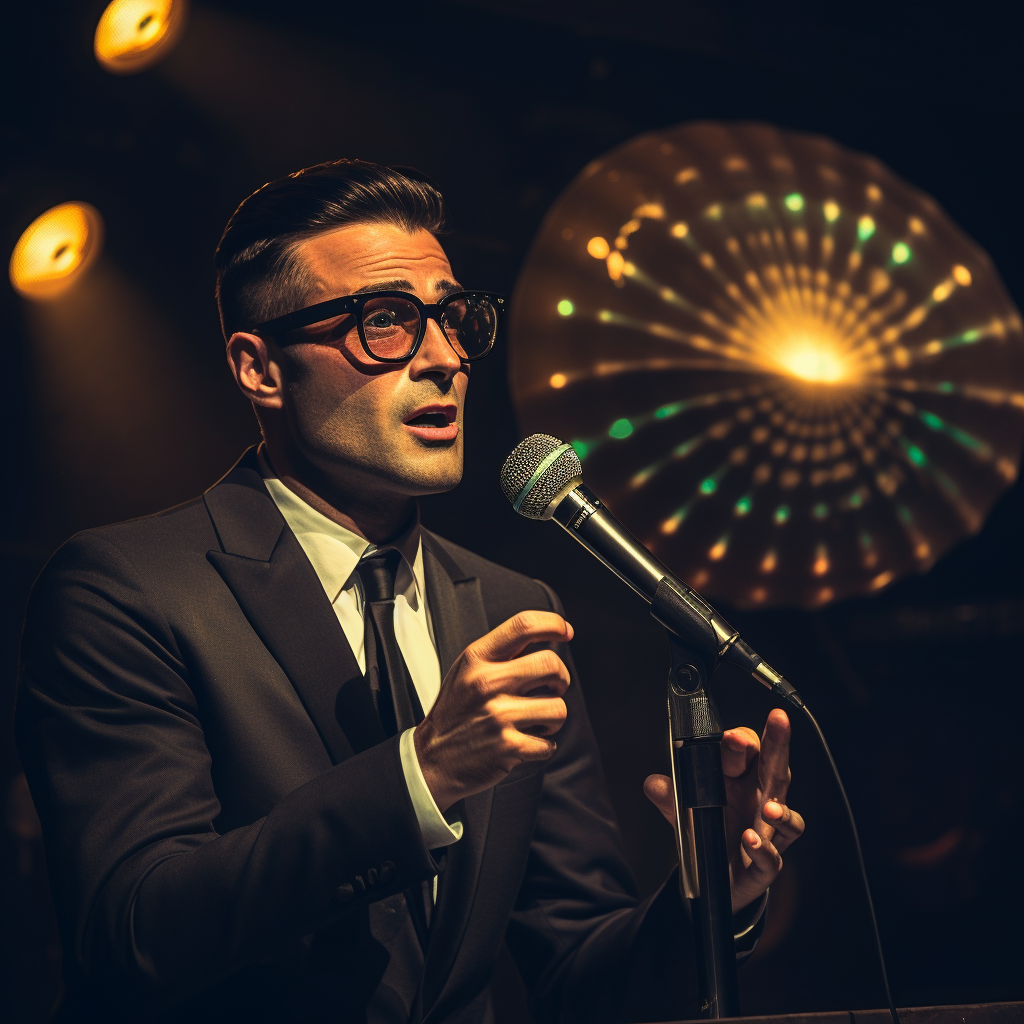 4. Stylish man holding golden microphone under UFO spotlight