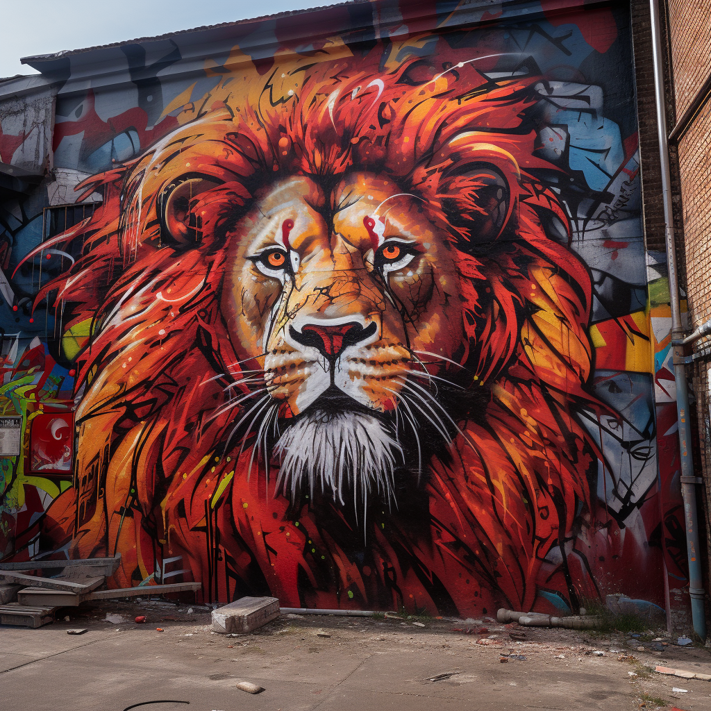 4. Colorful lion graffiti on city wall (ALT Text)