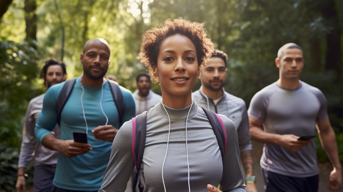 4. Active adults jogging in city park