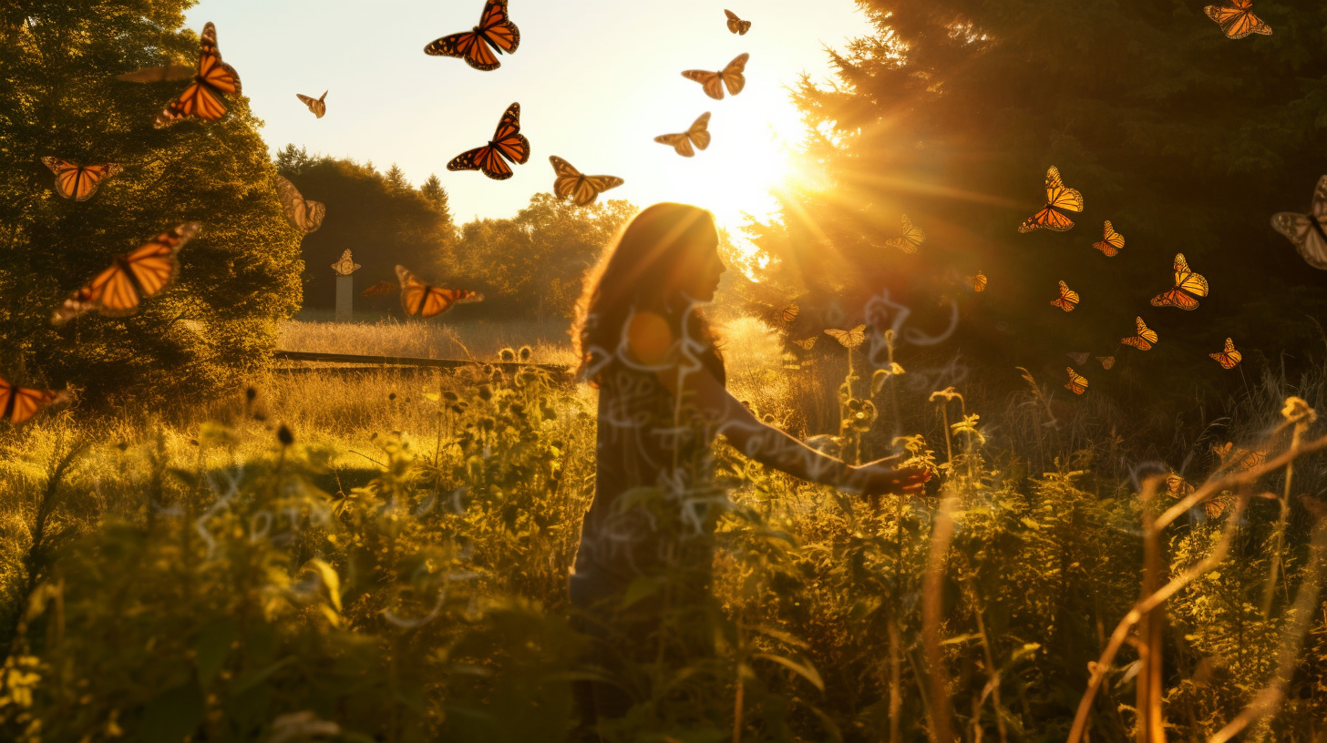 4. Happy black woman in meadow with butterflies