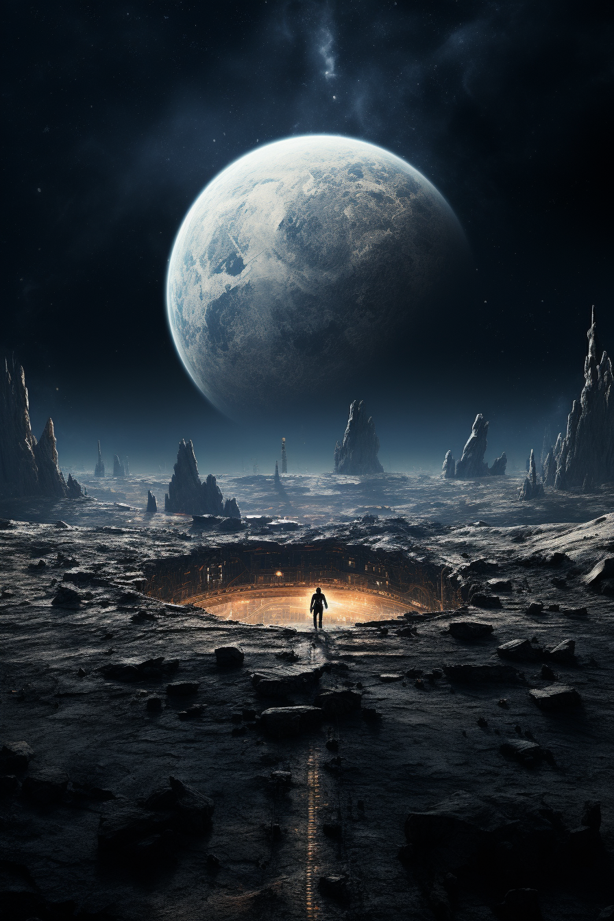 4. Image of lunar crater with man and Earth in background