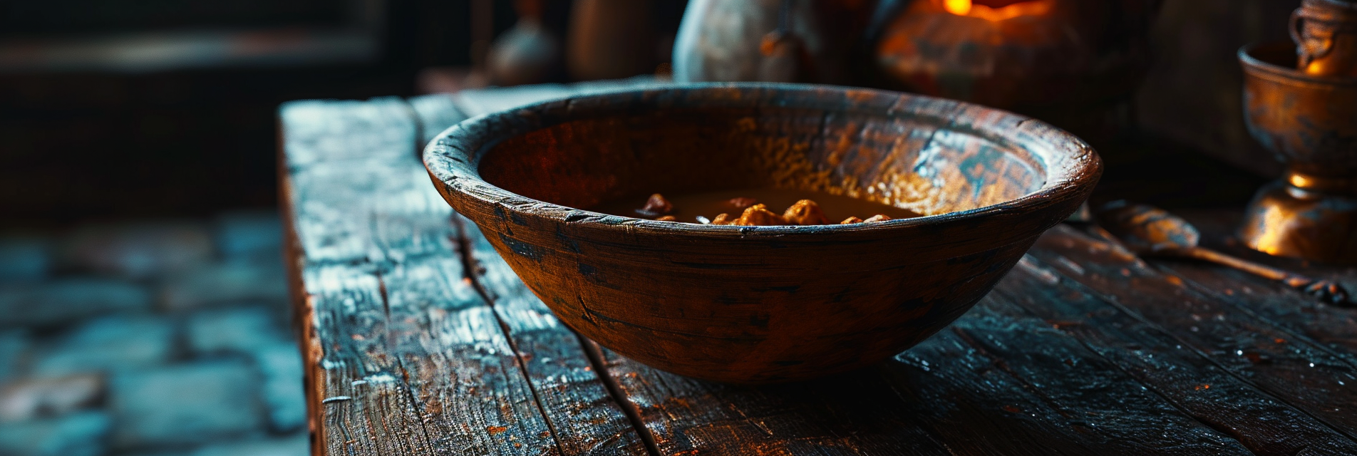 4.  Close-up of Medieval Wooden Bowl with Pelmeně