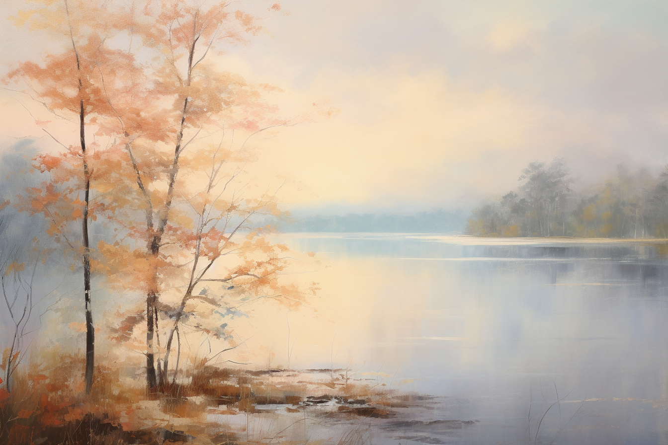 4. Serene landscape with misty morning atmosphere and lake view