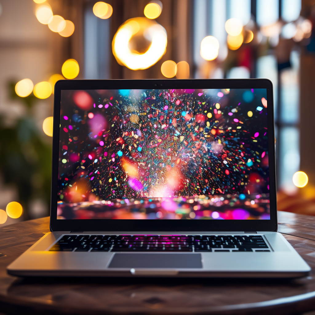 4. Festive laptop with digital confetti and streamers