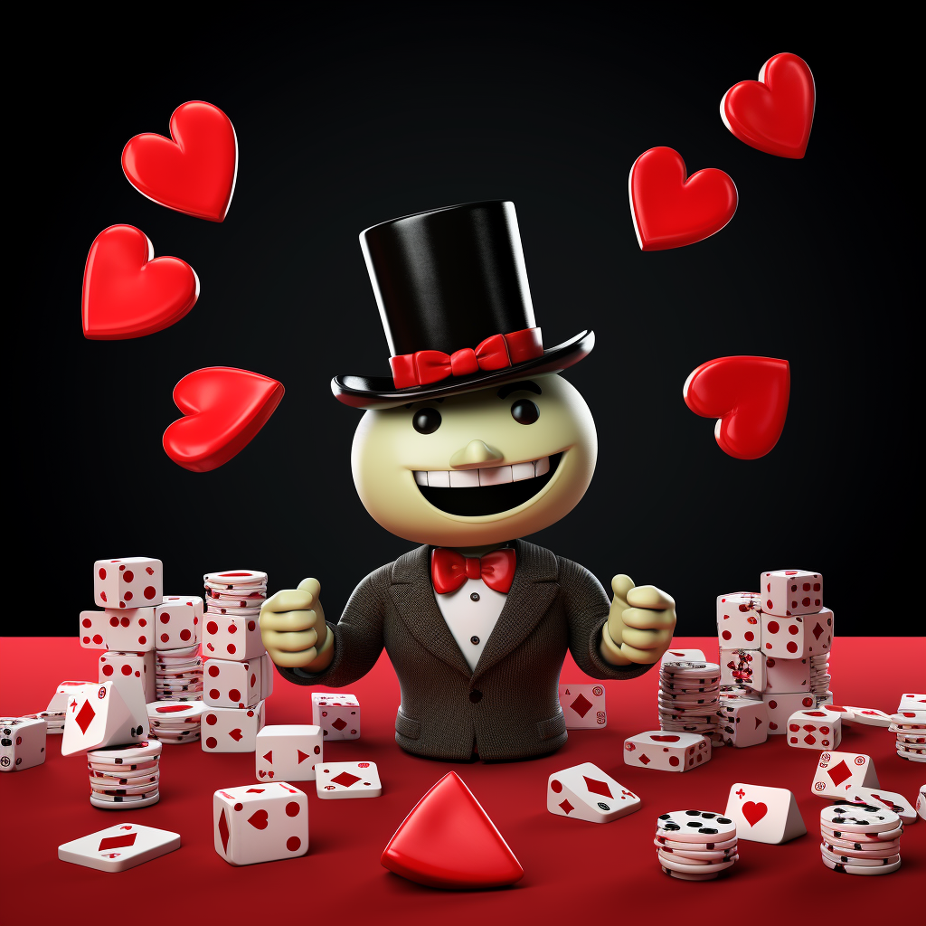 4. Cartoon image of a black Monopoly Go man against a Valentine's Day-themed background.