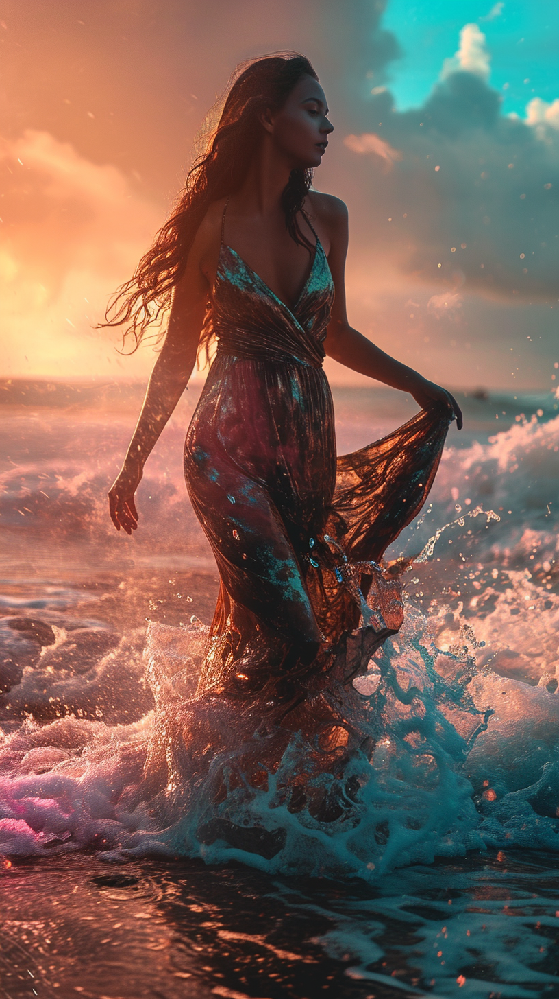 4. Image of mesmerizing oceanic goddess walking on a beach