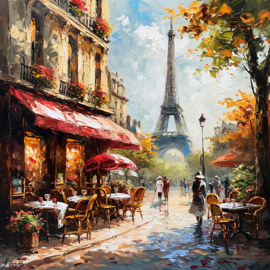 4. Colorful street scene with people and Eiffel Tower