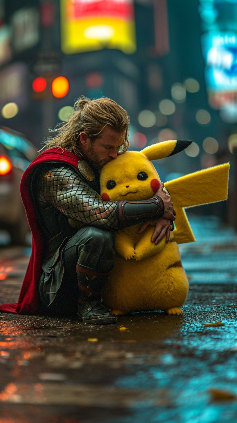 4. Hyperealistic Pikachu and Thor hug in New York