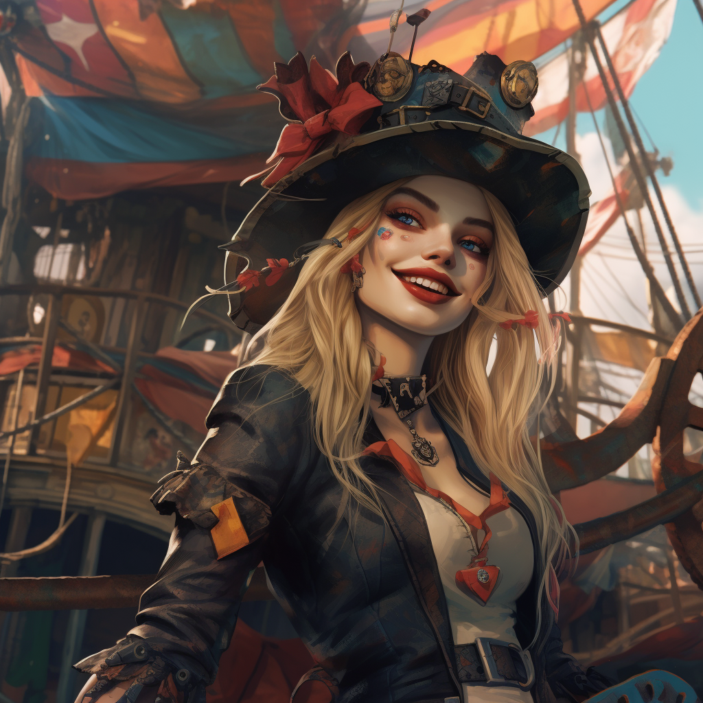 4.  Joyful smile on pirate Harley Quinn riding a wheeled schooner