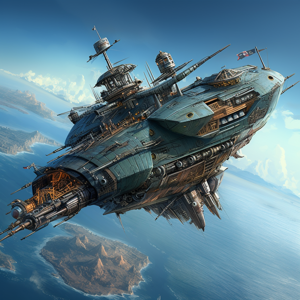 4. Image of battle-worn pirate starship flying in low orbit.